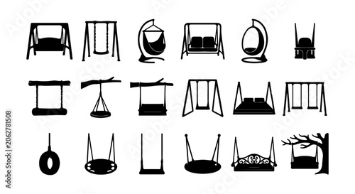 Diverse Swing Set Collection, Garden Furniture Icons, Outdoor Leisure Vector Graphics