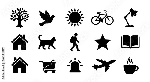 Simple Black Icons Set: Nature, Home, Travel, Lifestyle Symbols, Vector Graphics