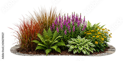 Lush Garden Bed Arrangement with Ornamental Grasses, Purple Loosestrife, Yellow Daisies, Ferns, and Hosta isolated on Transparent Background