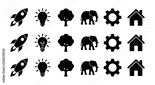 Set of 15 Black Icons: Rockets, Lightbulbs, Trees, Elephants, Gears, Houses