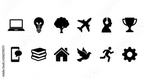 Modern Black Icons Set: Technology, Business, Lifestyle Symbols, Vector Graphics