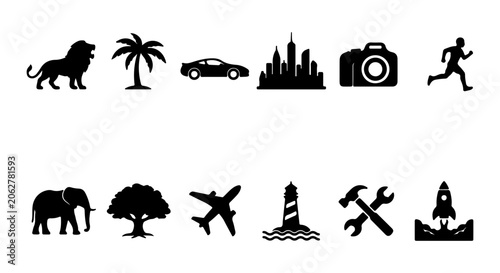 Diverse Silhouette Icons: Wildlife, Cityscape, Travel, Technology, Sports, Nature, Industry
