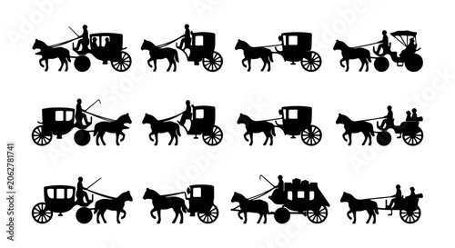 Vintage horse carriage silhouettes, antique Victorian stagecoach and buggy icons, 12 black horse-drawn vehicle vector elements for historical design