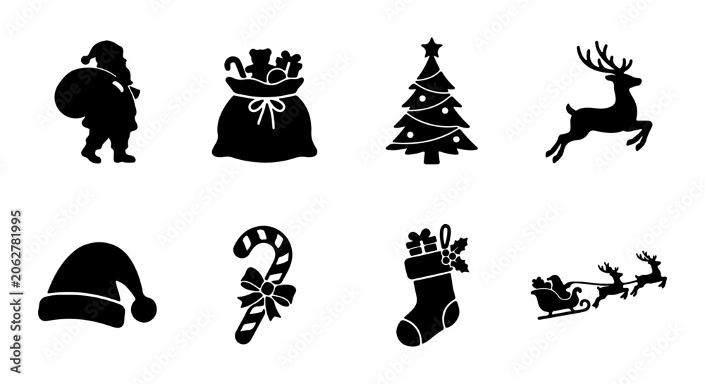 Fototapeta premium Christmas Icons Silhouette Set: Santa Claus, Reindeer, Tree, Stocking, Candy Cane, Sleigh