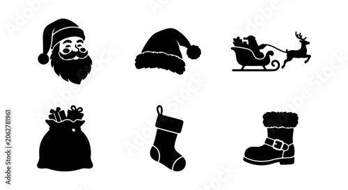 Christmas Icons Vector Set: Santa Claus, Sleigh, Stocking, Boot, Gift Bag, Festive Symbols