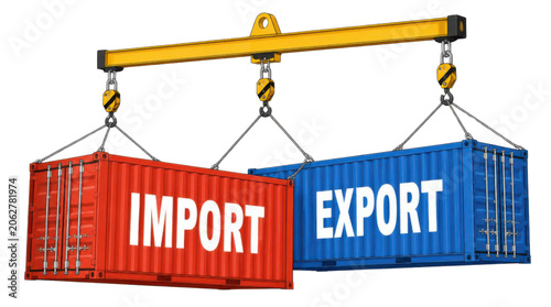 Yellow crane lifting red import and blue export shipping containers