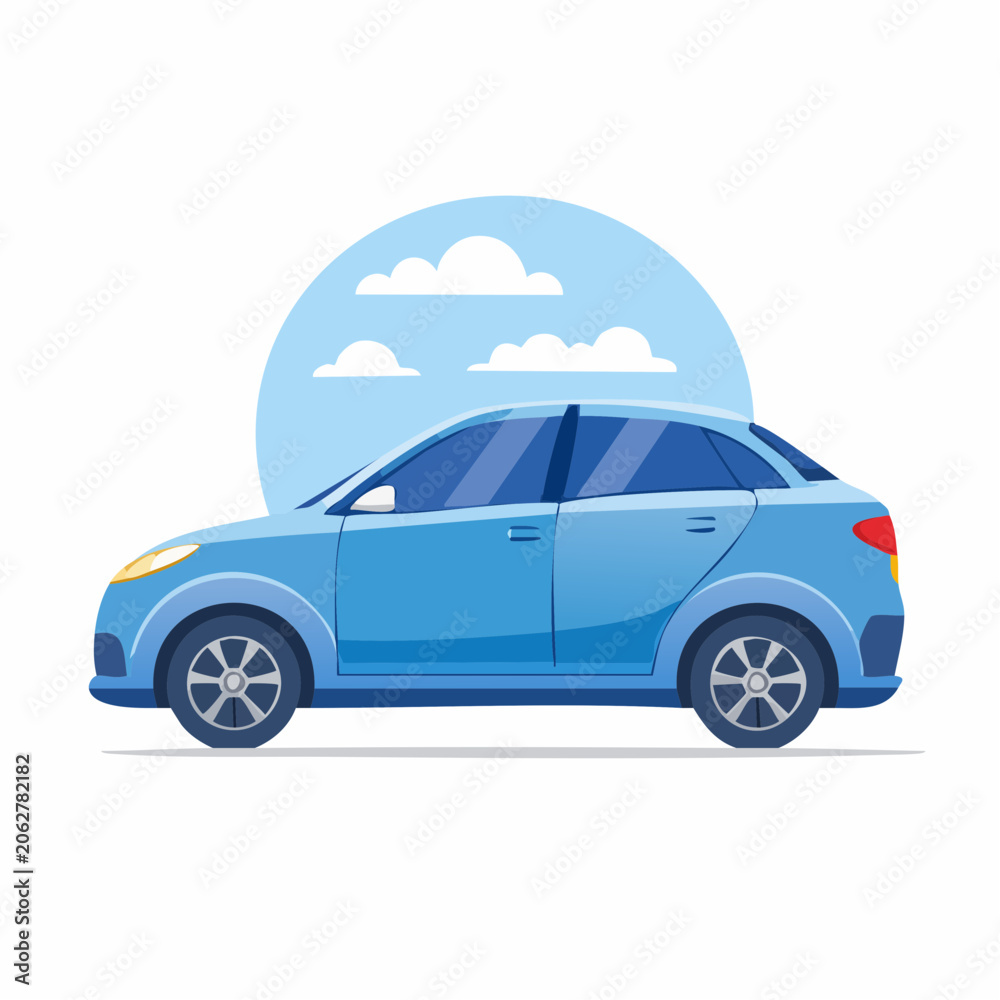 Fototapeta premium Blue Sedan Car Illustration with Clouds