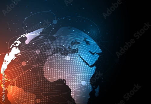 Abstract global connectivity concept with world map grid, network lines and data exchange