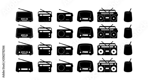 Obraz na plátně Retro Radio Collection, Vintage Audio Devices, Boombox Icons, Modern Beverage Cu