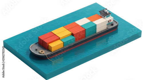 Container ship carrying colorful cargo boxes on blue water