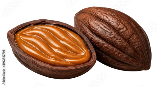 Cocoa pod split open revealing caramel filling against Transparent Background
