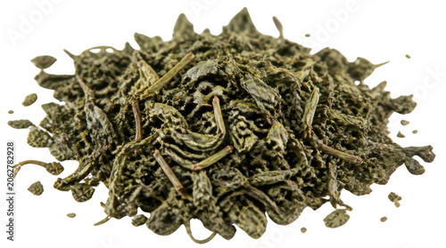 Dried green tea leaves scattered on Transparent Background