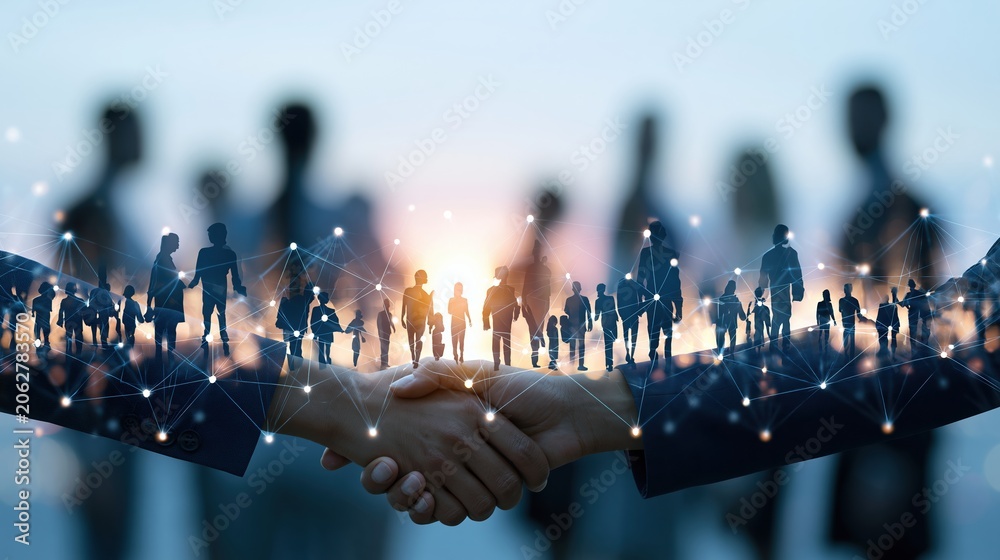 Fototapeta premium Business handshake symbolizing partnership and global network connections with diverse team silhouettes at sunset