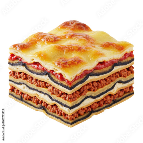 Greek moussaka or eggplant lasagna slice with minced meat, tomato sauce and cheese isolated on transparent background
