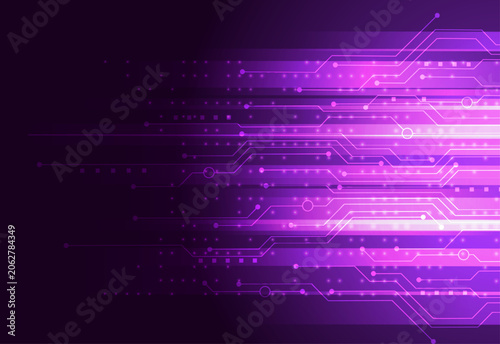 Abstract neon purple circuit board background with glowing data lines and digital network