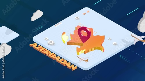 Isometric 3D Render of Azerbaijan Map with Red Location Pin Pointer and Floating Airplanes