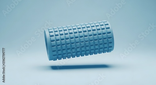 Foam roller floats in the air to demonstrate modern fitness equipment for muscle recovery and therapy.