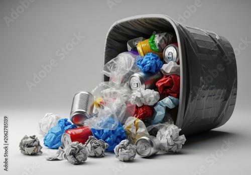 Overflowing plastic trash can filled with crumpled paper, discarded packaging, and various household refuse items, representing waste management issues, pollution, household, receptacle