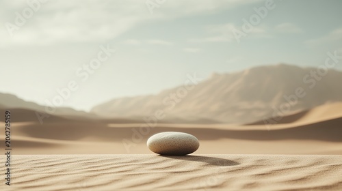 A solitary white egg resting on wind-sculpted desert sand with distant mountains on the horizon