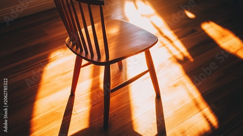 A solitary wooden dining chair bathed in warm, dramatic sunlight and shadows