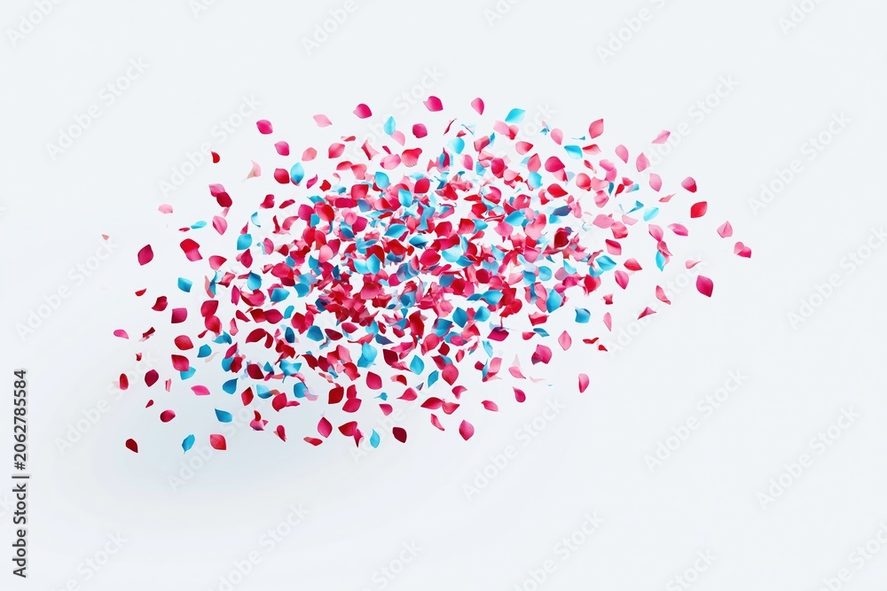 Fototapeta premium Explosion of Red and Blue Confetti Falling on a White Background, Celebration and Party Theme