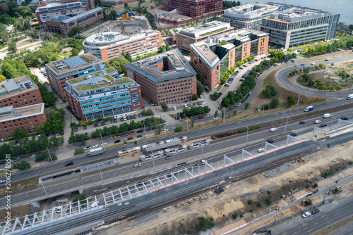 Photography Aerial view of Infopark office district and tram line in Budapest Hungary