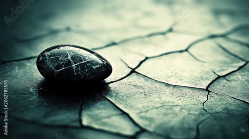 A solitary, glossy seed-like pebble resting upon a cracked, desiccated surface under moody blue light