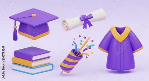 Graduation ceremony elements, cap, gown, diploma