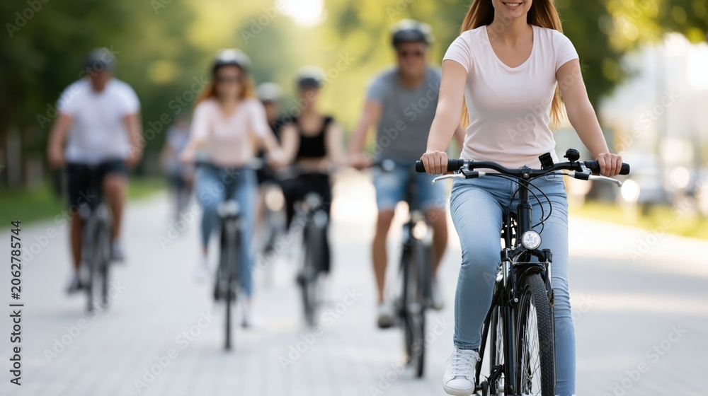 Fototapeta premium Young woman in casual attire rides a bicycle on a paved path with a group of cyclists in the background, surrounded by greenery and trees in a sunny outdoor park setting