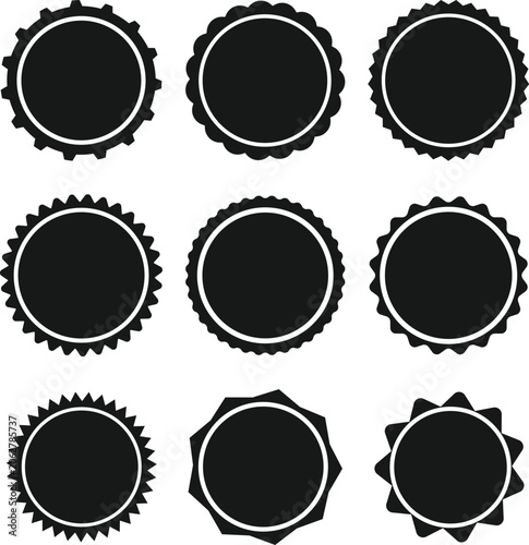 Nine Black Circular Badges With Decorative Edges On White Background Keywords: badge, circle, black, white, background, isolated, decorative, edge, border, design, element, icon, symbol, Grainy