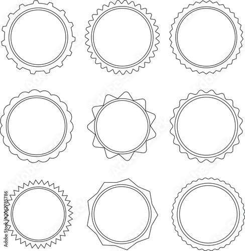 Nine Outline Circular Badges With Decorative Edges On White Background Keywords: badge, circle, outline, line, black, white, background, isolated, decorative, edge, border, design, element, Grainy