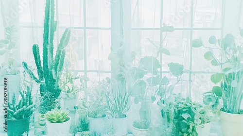 A sunlit collection of diverse potted plants lining a bright interior windowsill with glass panes