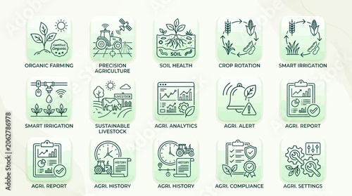 Set of smart agriculture and digital farming technology icons.
