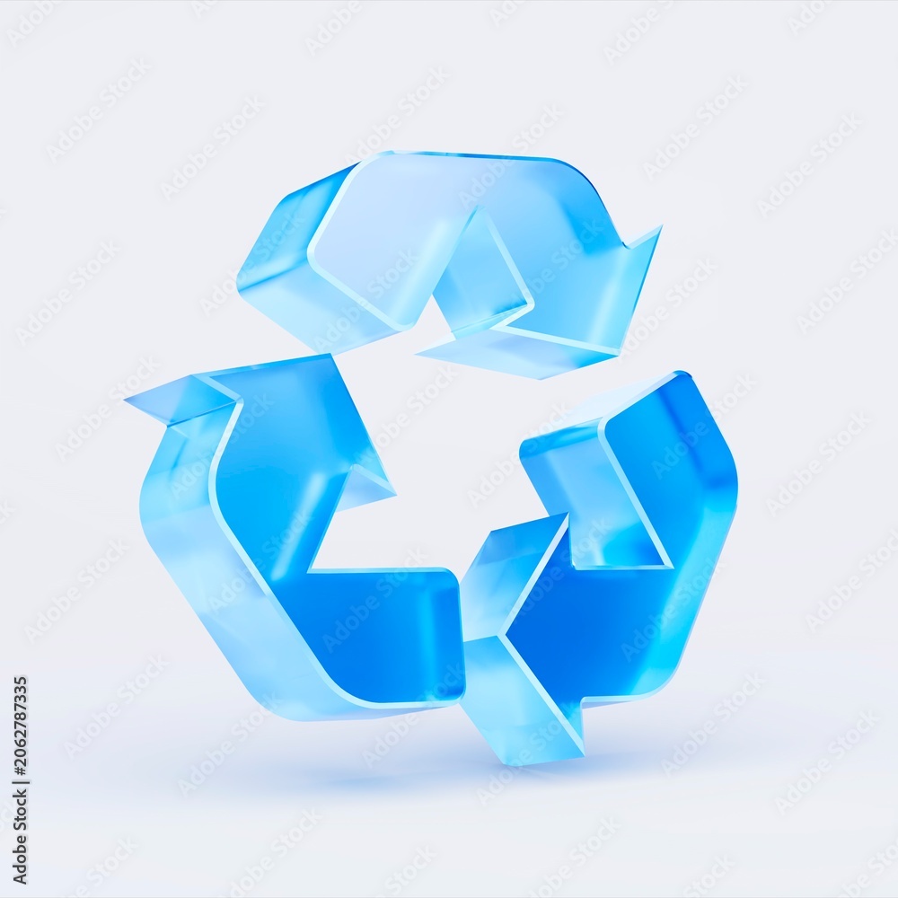 Fototapeta premium 3D recycling symbol icon isolated on white background, concept of environmental sustainability and eco friendly waste management. Transparent Liquid Glass icon. 3D rendering.