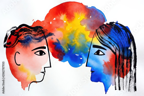 Illustrazione artistica con tecnica acquerello di un dialogo tra due volti