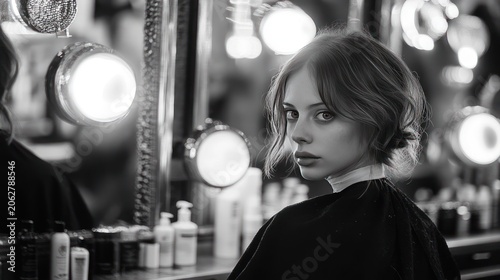 A woman in a beauty salon with curly hair looks at the camera, surrounded by mirrors and lights