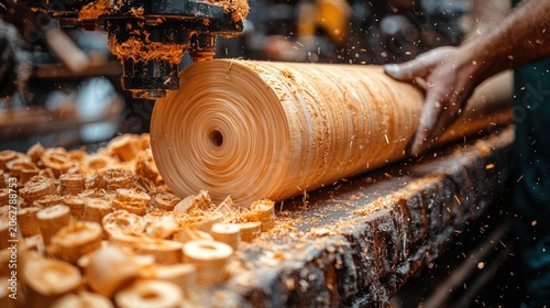Close-up view of a log being processed by a machine, wood shavings in the air
