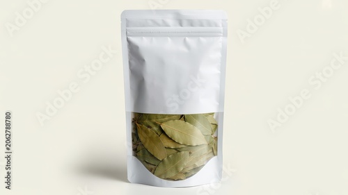 White stand-up pouch bag with bay leaves, isolated on white background