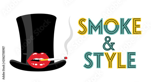 Fotografie Vintage top hat with red lips smoking and retro style typography