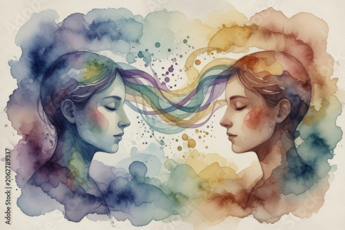 Connessione tra due volti femminili in un'illustrazione astratta ad acquerello