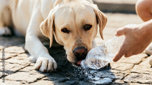Thirsty yellow Labrador retriever drinking water from a plastic bottle held by owner on hot summer day, outdoor hydration and pet care showing heat relief, friendship and care