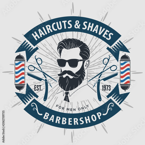 Barbershop logo, poster or banner design concept with barber pole and bearded men. Vector illustration