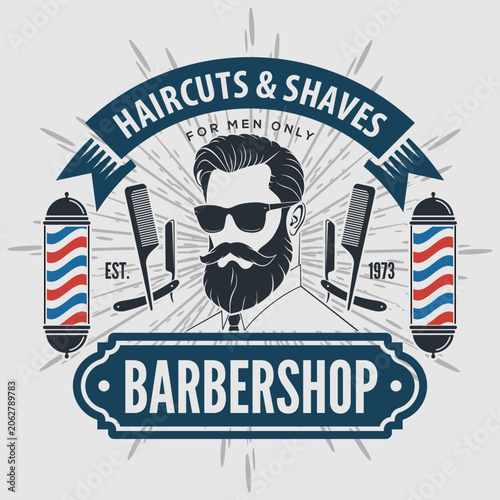 Barbershop logo, poster or banner design concept with barber pole and bearded men. Vector illustration
