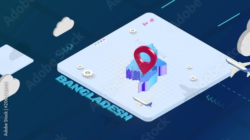 Isometric 3D Render of Bangladesh Map with Red Location Pin Pointer and Floating Airplanes