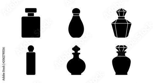 Elegant Perfume Bottle Silhouettes, Luxury Fragrance Container Icons, Cosmetic Essence Vessels, Vector Set