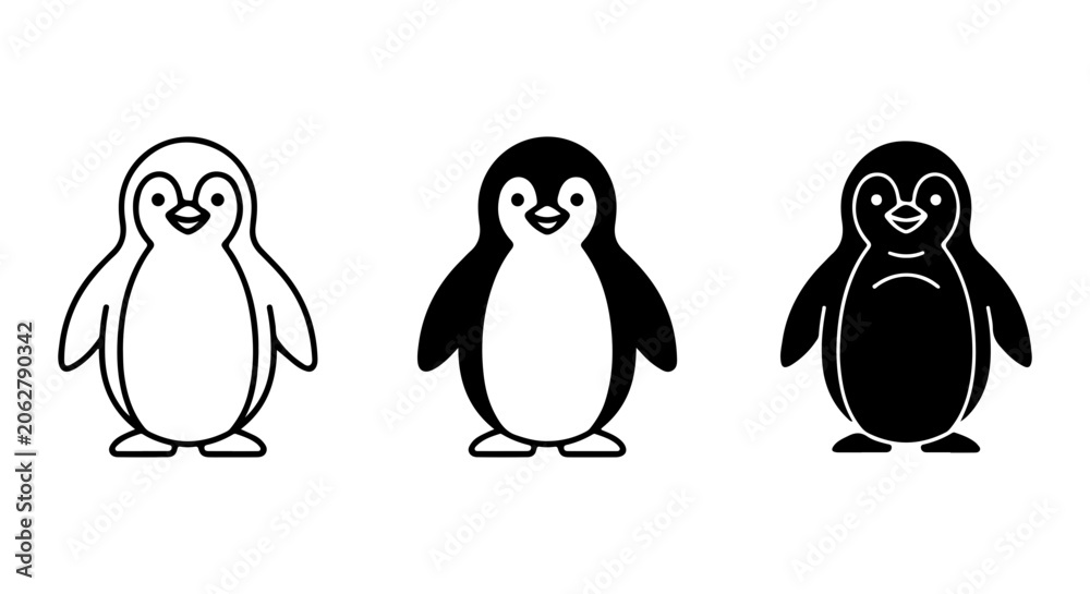 Fototapeta premium Cute Penguin Icons, Simple Vector Art, Black and White Bird Graphics, Adorable Animal Illustrations