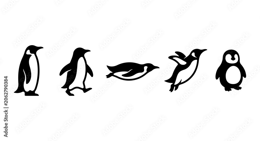 Obraz premium Charming Penguin Vector Icons Set, Diverse Poses, Simple Black and White Graphics