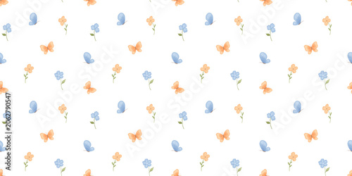 Seamless ditsy watercolour botanical pattern with small blue and orange blossoms on white background. Vintage floral repeat graphic for fabric printing, wallpaper, packaging