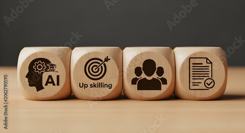 Wooden blocks display AI, upskilling, teamwork, and document icons on a table.