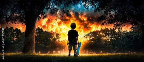 Boy with Skateboard Silhouetted Against Dramatic Fiery Sky Landscape
